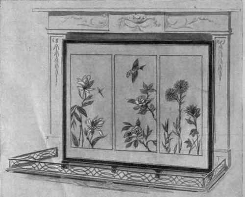 A three panel fire screen of conventional floral designs, embroidered in gold thread, and framed in black wood and covered with glass