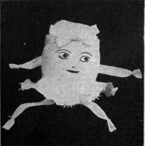 A tumbling lady made from an eggshell with a skirt, cap, arms, and legs of silk and ribbon. If placed on an inclined plane, the toy will tumble head over heels down the slope