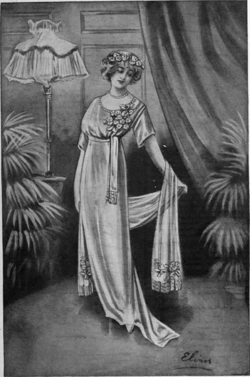 A white silk gown adorned with hoar frost embroidery would be a charming style for a debutante. The gauze shoulder scarf finished with a crystal bead fringe carries out the frost effect