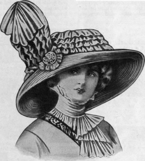 A wide hat trimmed with a ruche and quill of ribbon is effective and smart