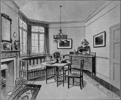 By the use of a collapsible table and the arrangement here shown space in a small dining room can be considerably economised