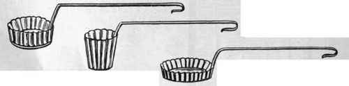 By the use of copper fritter moulds in varying designs, battel cases for sweets and entrees can be quickly prepared