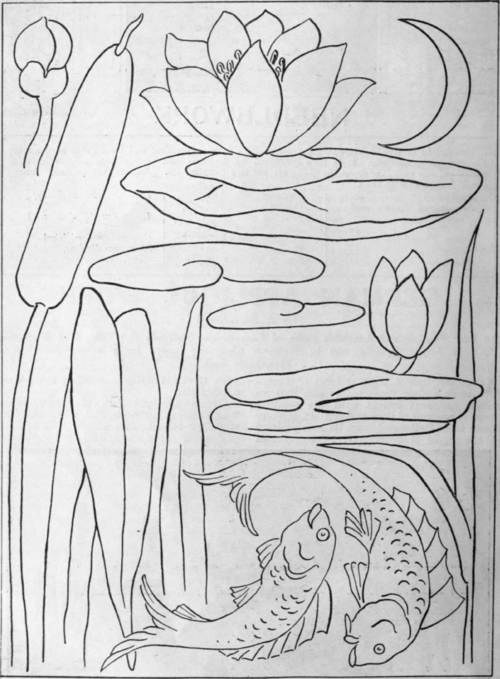Designs for German applique. All the designs shown here for the bulrushes, gold fish, water lilies, and moon, can be cut out separately and arranged to form beautiful needlework pictures such as are shown in the illustrations