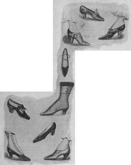Evening shoes in satin to match the gown are richly embroidered in beads; dainty