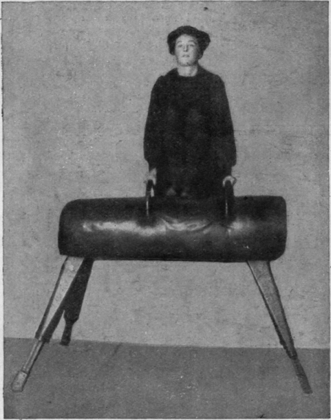 Fig. 1. Alighting on the feet on the vaulting horse, preparatory to jumping off. The knees are brought up to the chest and the body passes between the arms