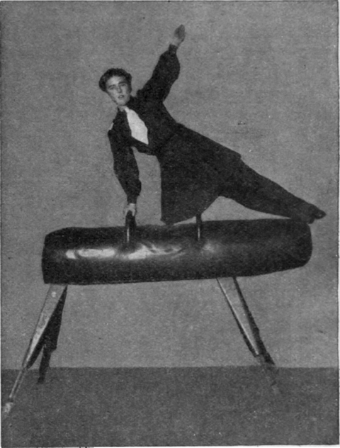 Fig. 2. A right hand vault. With the right hand on the pummel, a jump is taken from the spring board and the legs are brought sideways across the horse