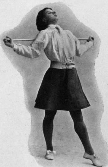 Fig. 4. Exercise 2, positions 6, 7, and 8. Left toe pointed forward, wand across shoulders. Bend the trunk back