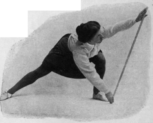 Fig. 6. Exercise 4, position 2. Inside lunge. Trunk turned and bent over the knee. Right end of wand on the ground in front of foot, right arm extended