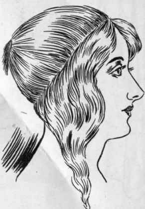 Fig. I. Tie the foundation hair securely towards the top of the head as shown here consequence seek to modify the most charming effects, and apply them to their own particular type of beauty.