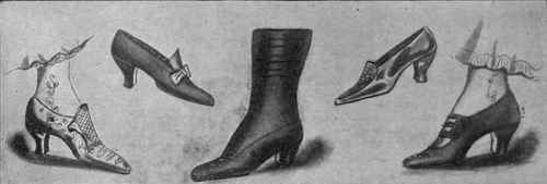 Modern footgear gives ample scope for individual tastes. Evening shoes, exquisitely embroidered or decorated with simple straps or buckles, are made in endless variety, while the requirements of the woman who is devoted to outdoor sports are not overlooked