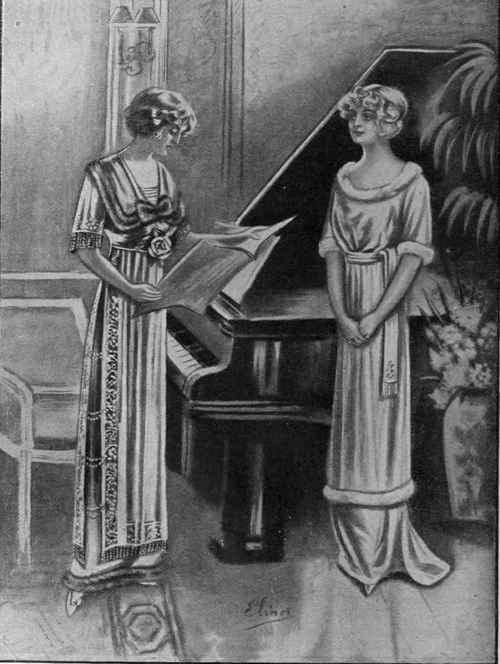 Sable or some kindred peltry is used with an admirable effect of richness and elaboration on the evening gown on the left On the right is shown a charming gown for a debutante, in which swansdown edgings play an important part