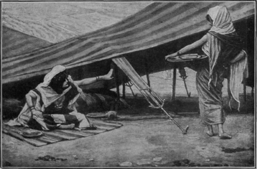 Sarah dismissing Hagar, her maid, who had presumed upon her promotion to be Abraham's secondary wife, and had become arrogant and haughty towards her mistress From the painting by Tissot