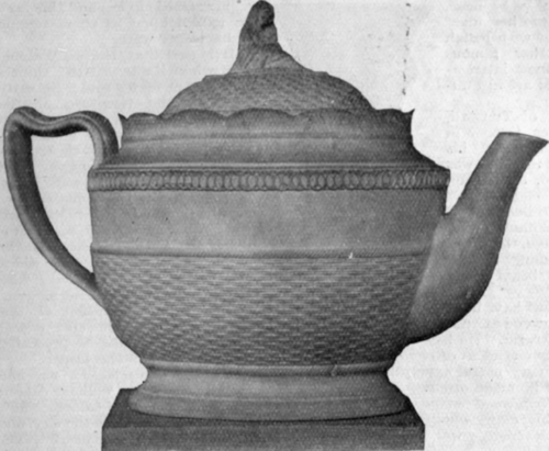 Teapot and cover of Elijah Mayer's cane coloured stoneware, moulded in low relief; the cover is surmounted by a figure of the widow of Zarephath From the South Kensington Museum pupil, and Miss Meteyard, in her Life of Josiah Wedgwood, makes reference to this fact
