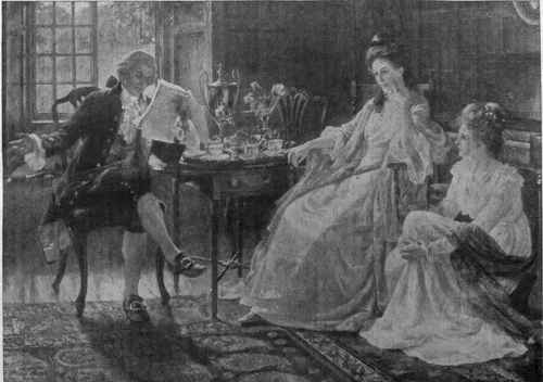The First Audience Oliver Goldsmith reading his comedy, She Stoops to Conquer, to Mary Horneck, the beautiful Jessamy Bride, and her sister Catherine. These famous beauties of the eighteenth century were devoted admirers of Goldsmith '*