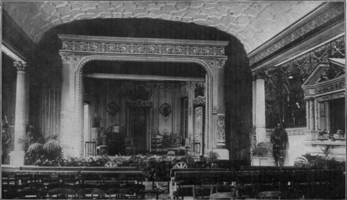 The beautiful ballroom at Sandringham arranged for a command performance. The small size of the stage necessitates a very careful rehearsal upon it previous to the actual performance