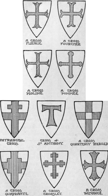 The cross in its multifarious forms, as seen above, is one of the commonest charges upon heraldic shields. Crosses, as a rule, do not occur singly, but are duplicated or  sown  upon the coat
