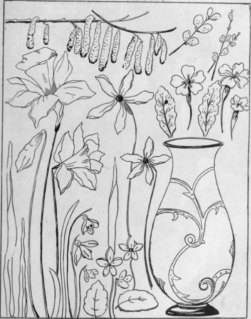 These charming spring flowers and catkins can be worked so that they form a representative posy which will fill the vase here shown, and form a pretty design for a muslin cushion cover