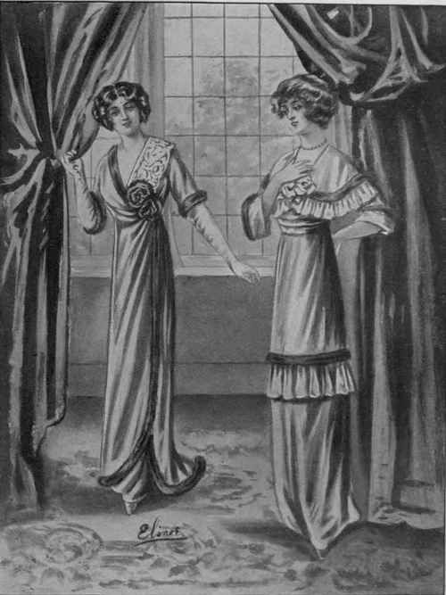 Two suggestions for using fur on indoor dresses. The figure on the left shows a novel method of using a strip of fur on one shoulder and a piece of embroidery on the other, On the right is seen a shoulder fichu edged with fur, as well as finishings of fur on the elbow sleeves and the tunic