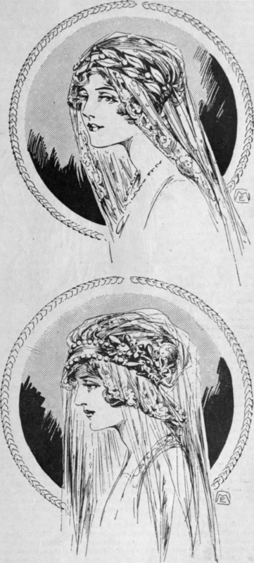 Two ways of arranging the bridal veil. In one, silver leaves and pearl  blossoms  hold the filmy lace in position on the hair. In the second, lace forms a dainty cap, adorned with bridal flowers, a clear tulle veil being thrown over the whole