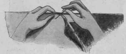 When sewing fur a piece of cardboard should be placed between the two pieces of fur, to push down the pelts and leave the edges clear to sew