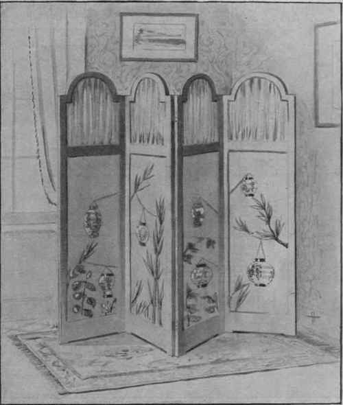 the lanterns should be tinted golden red to suggest the light within. The framework of the screen should be black, and the top of the panels be of drawn silk or satin