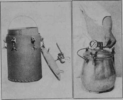 Fig. 37- a - Cast iron steam pressure cooker, for use with pressure up to 30 pounds, b - Aluminum pressure cooker, much lighter and more convenient to handle.