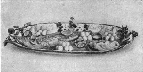 Boiled Mackerel, garnished with Potato Balls, Cucumber Ribbons, Slices of Lemon cut in fancy shapes, and Parsley.