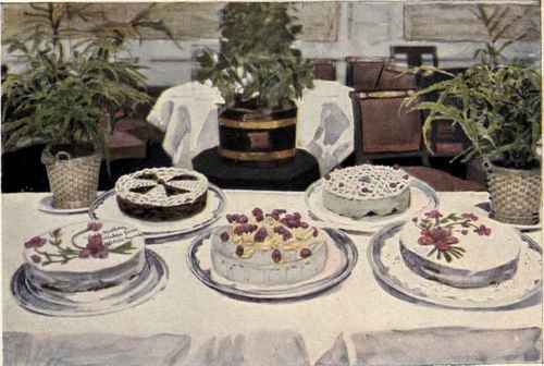 Various Cakes And Confections. Gateau Mocha. Gateau Chartreuse. Meringue De Fraise A La Chantilly. Gateau Pistache. Gateau Vanille.