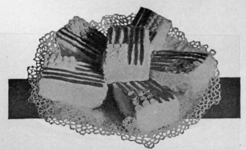 Flag Cakes: Any Cake may be cut in Oblongs and iced in Plain White, then decorated with red Candies to form the Stripes and blue Candies to form the Stars of The Flag.