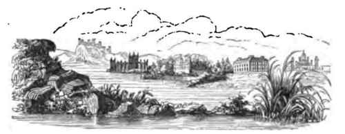 Imaginary composition, showing, in the background, the castellated Gothic style of architecture.