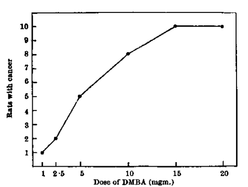 Incidence of mammary cancer in groups of ten rats fed DM ISA once