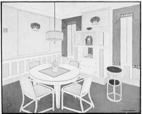 A NOVEL DINING ROOM TREATMENT IN MODERN STYLE, CARRIED OUT IN A NEW YORK CITY APARTMENT.