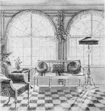 A SUN PARLOUR WITH FLOORING OF INSET TILE LINOLEUM. CEMENTED DOWN.