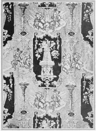 Background of quiet bluish green, medallion black, figures, etc. in rose red, tan, cream, and other tones.