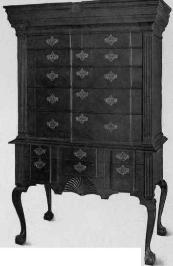 Block Front High Chest of Drawers, about 1750.