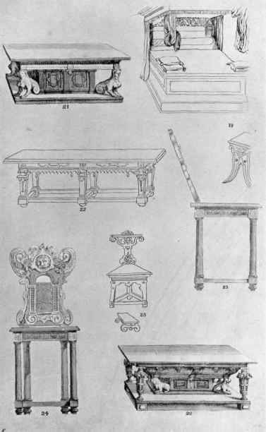 Fig. 19: Bed, by J. Straden; Figs 20 22: Tables, by De Vries; Fig. 23: Chair and Footstool, by De Vries; Figs. 24   25: Flemish Chairs.