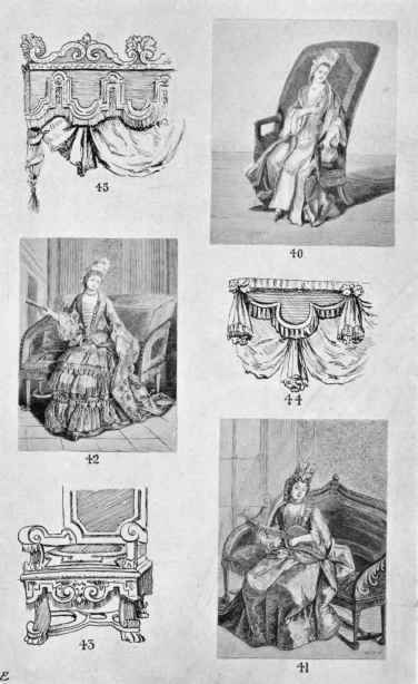 Figs. 40, 41 and 42. Sophas. Fig. 43 Lower part of Chair, by Marot.