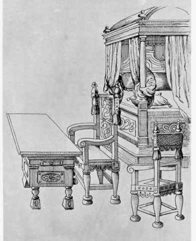 PLATE XII.   Bedstead, Chairs and Table, by J. Stradan,
