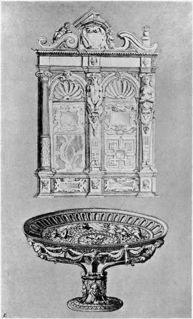 PLATE XX.   Cabinet, or Armoire, by De Vries; Design for Goldsmith's Work, by Jerome Cock.