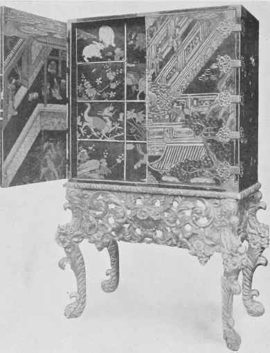Chinese Lacquered Cabinet On Carved Gilt Stand.
