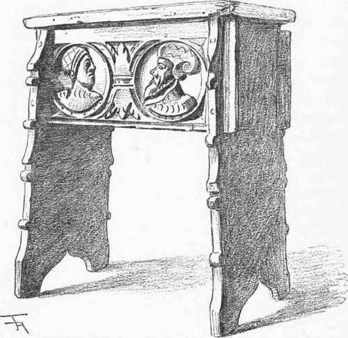 STOOL CARVED WITH PORTRAIT MEDALLIONS IN THE COLLECTION OF MORGAN S. WILLIAMS, ESQ., TEMP. HENRY VIII