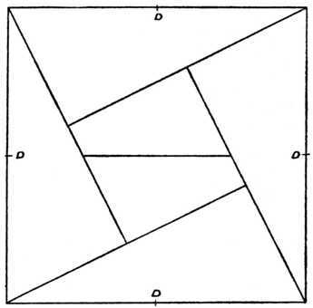 Fig. 400. Six piece Square Puzzle. (The Centres of the Four Outlines are lettered at D, D, D, D.)