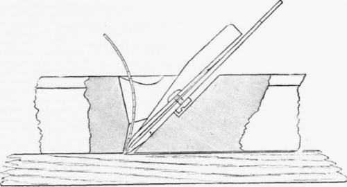 Fig. 48.   Section of plane fitted with double iron, showing breaking action of cap iron on the fibres.