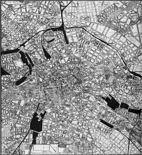 Berlin. The clustering of railroad stations towards the city center illustrates the efforts of railroads, for strategic reasons, to reach the business heart of the city. This map shows only a small part of the city.