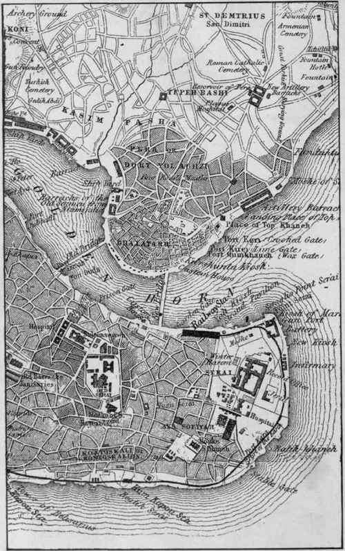 Constantinople. Irregular roads both in city and in outlying district illustrate process by which city is laid out. Buildings are crowded into the large irregular blocks, and small alleys (not shown on map) furnish access.