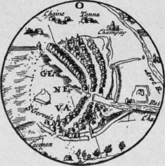 Geneva in 1687. First streets parallel to the water front.