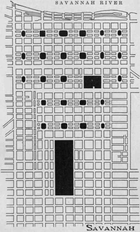Plat of Savannah showing unusual percentage of park and street area. Plan said to have been derived from Bunyan's description of the Heavenly City.