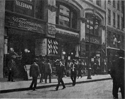 Recessed front with piers utilized for show cases. A good plan for so narrow a street as Nassau Street, New York.