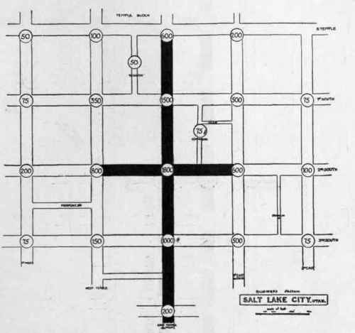 Salt Lake City. Business section. Figures represent value of corners, for lot of average width and depth, in dollars per front foot.