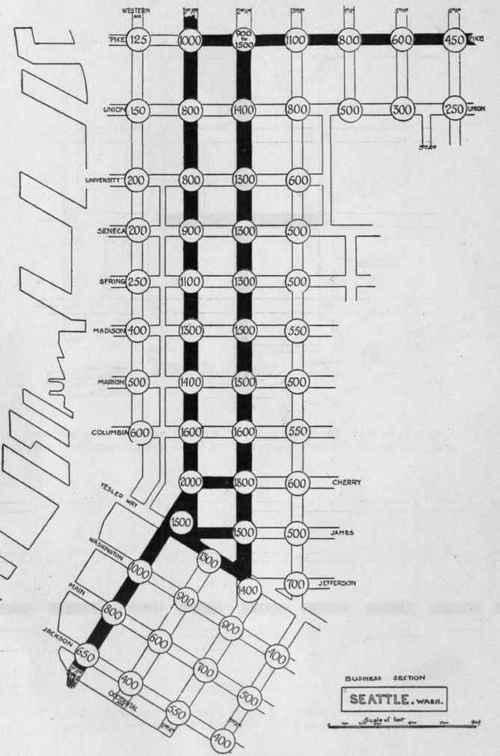 Seattle, Wash. Business section. Figures represent value of corners, for lot of average width and depth, in dollars per front foot.